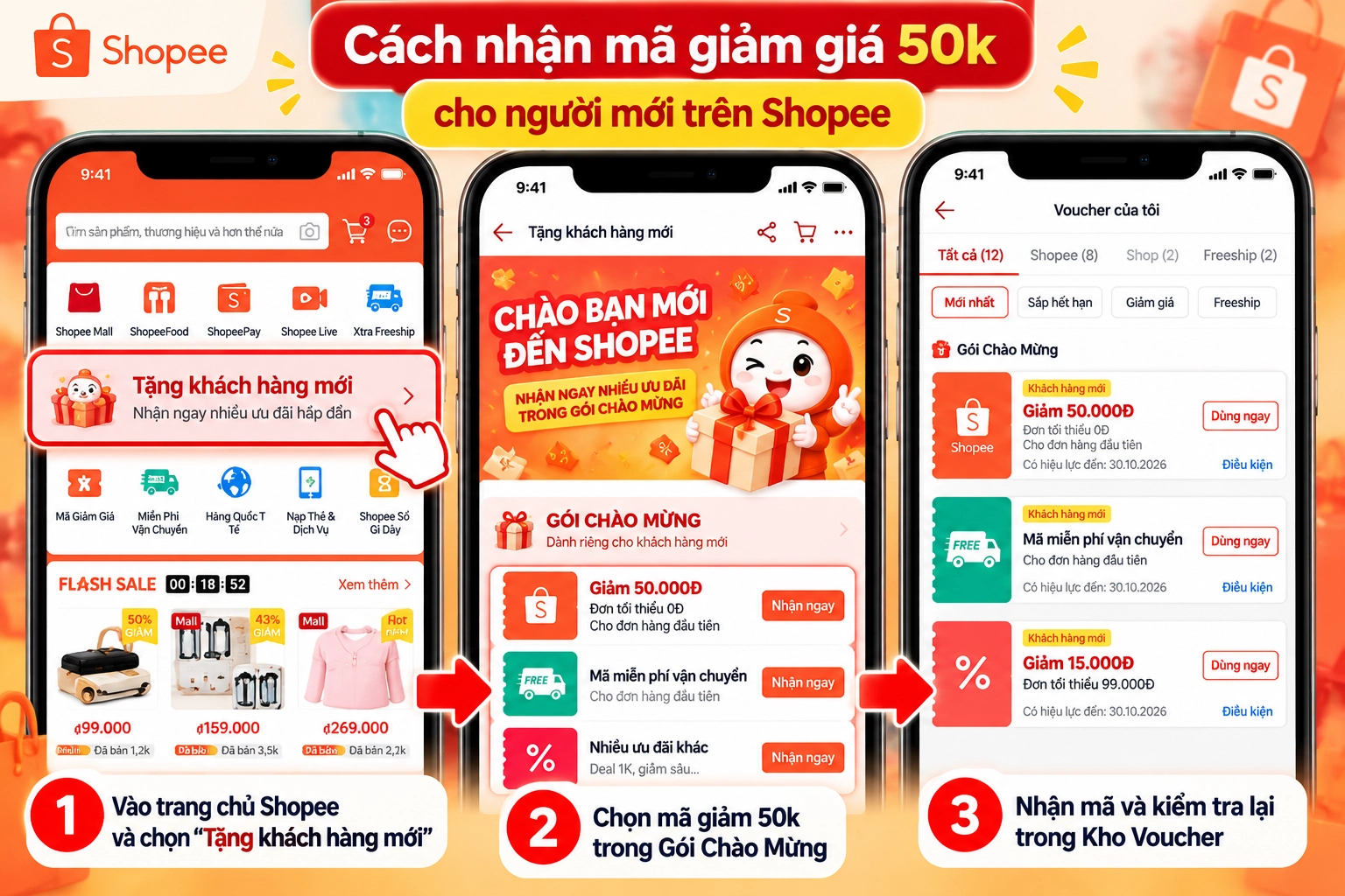 Hình minh họa cách nhận mã giảm giá 50k cho người mới Hình minh họa tặng khách hàng mới Shopee và Gói Chào Mừng