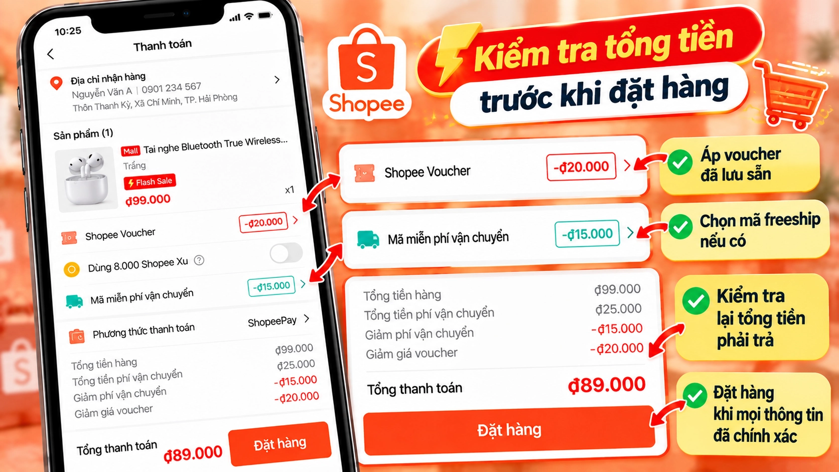 Hình minh họa kiểm tra tổng tiền khi đặt Flash Sale Hình minh họa màn hình thanh toán Shopee hiển thị tổng tiền và phí vận chuyển