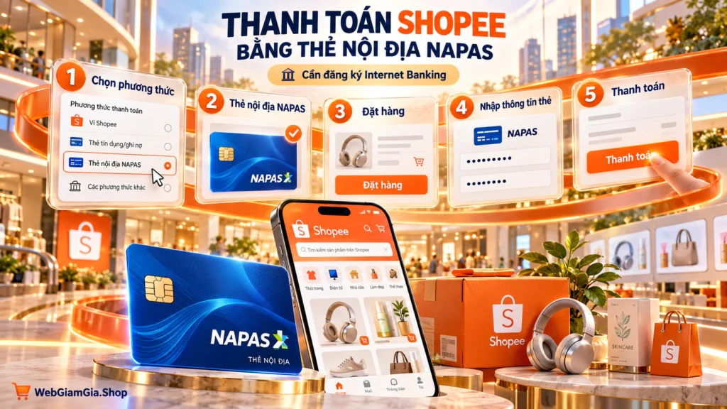 Hình minh họa năm bước thanh toán đơn Shopee bằng thẻ nội địa NAPAS