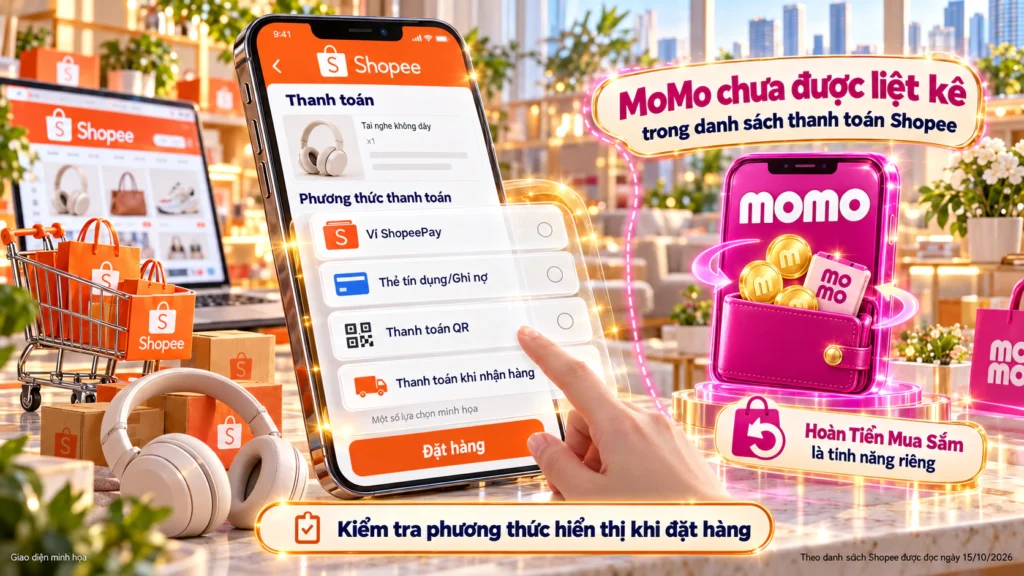 Hình minh họa hình thức thanh toán trên Shopee Hình minh họa màn hình thanh toán Shopee với các hình thức thanh toán và ví MoMo chưa được liệt kê