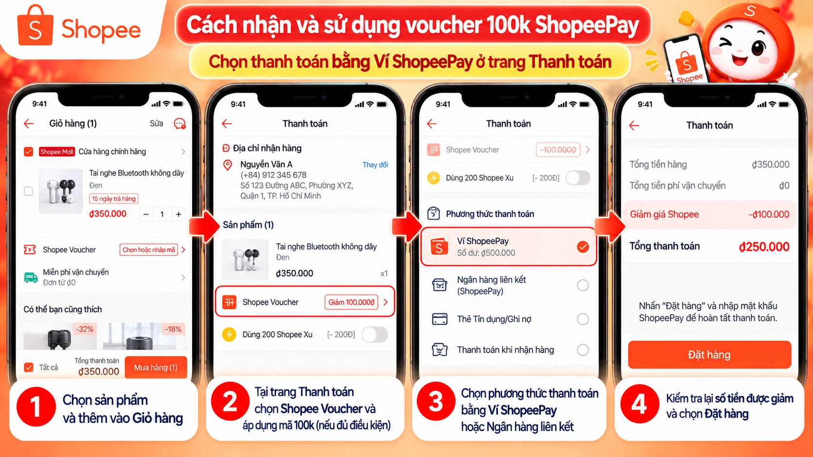 Hình minh họa cách sử dụng voucher 100k ShopeePay Hình minh họa áp dụng voucher 100k khi thanh toán bằng Ví ShopeePay