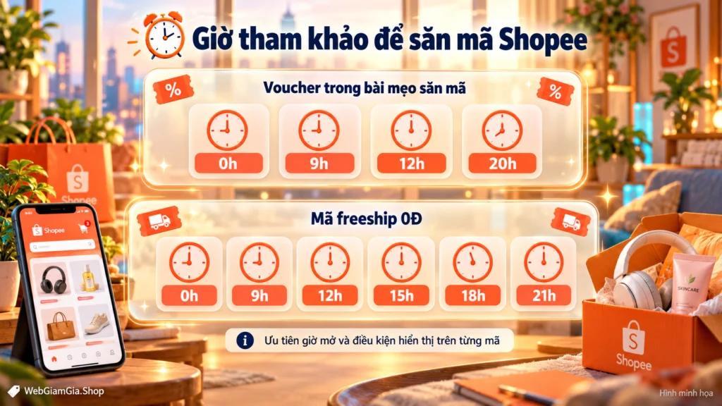 Hình minh họa các thẻ giờ tham khảo Hình minh họa hai dải thẻ giờ tham khảo cho voucher và mã freeship 0Đ