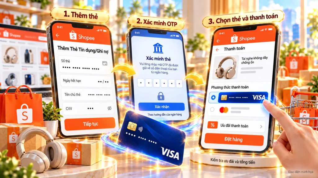 Hình minh họa thêm thẻ và thanh toán bằng thẻ Hình minh họa ba bước thêm thẻ Visa vào Shopee, xác minh OTP và chọn thẻ ở bước thanh toán