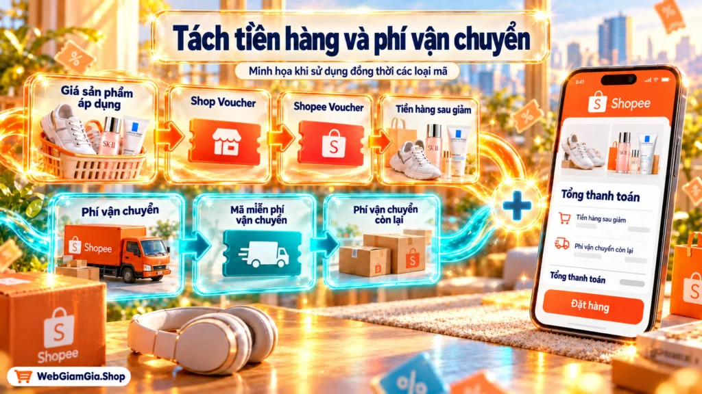 Hình minh họa thứ tự tính voucher Hình minh họa các bước tính ưu đãi từ giá sản phẩm áp dụng qua Shop Voucher và Shopee Voucher đến tiền hàng sau giảm, còn phí vận chuyển được trừ riêng bằng mã miễn phí vận chuyển trước khi vào Tổng thanh toán