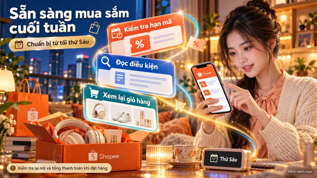 Hình minh họa chuẩn bị mã tối thứ Sáu với điện thoại hiển thị voucher và ba việc cần kiểm tra