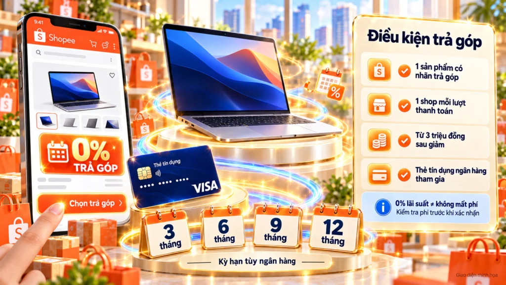 Hình minh họa điều kiện trả góp 0% Hình minh họa điều kiện trả góp 0% bằng thẻ tín dụng và các kỳ hạn 3, 6, 9, 12 tháng