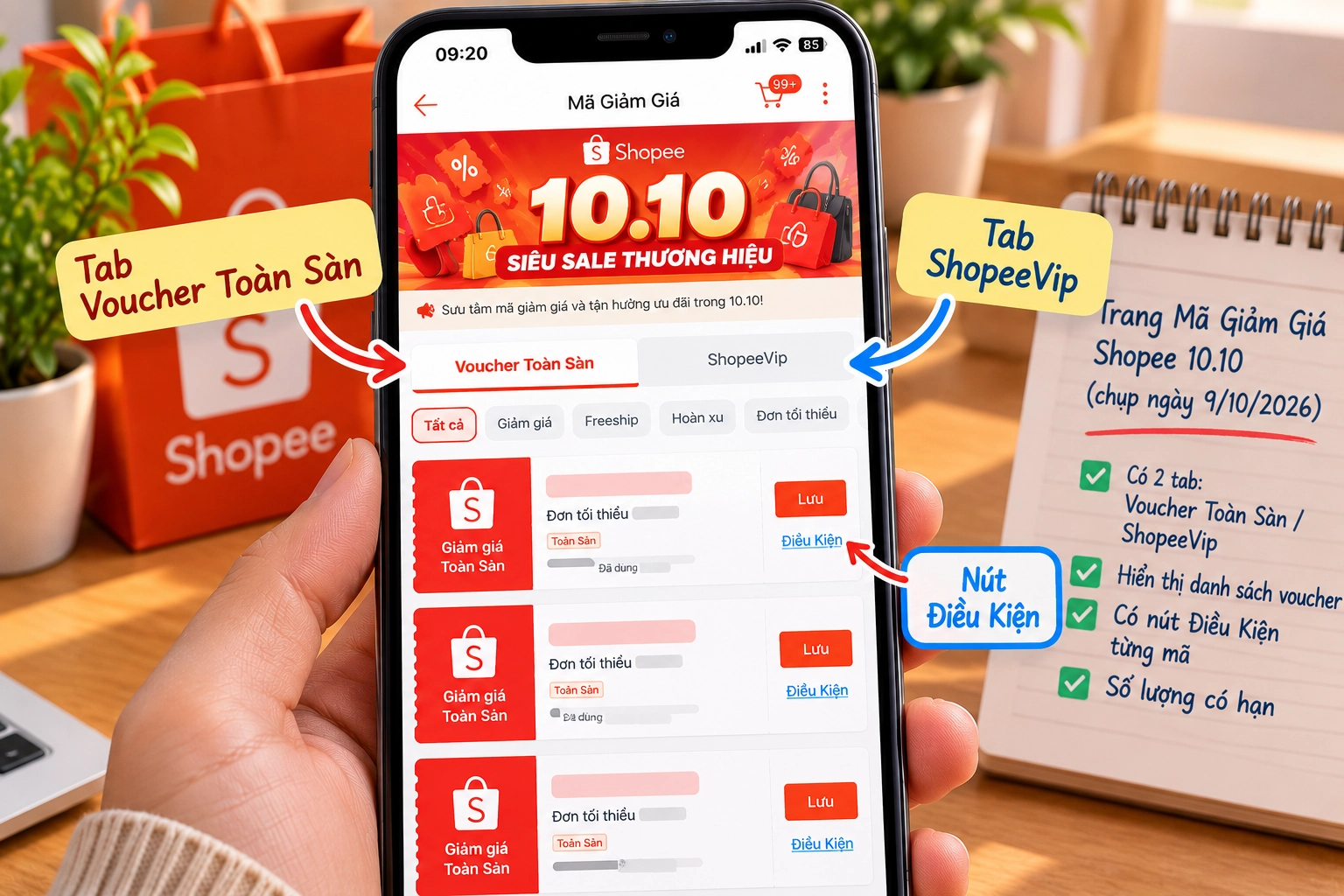 Hình minh họa trang Mã Giảm Giá Chính Thức 10.10 trên Shopee với hai tab Voucher Toàn Sàn và ShopeeVip