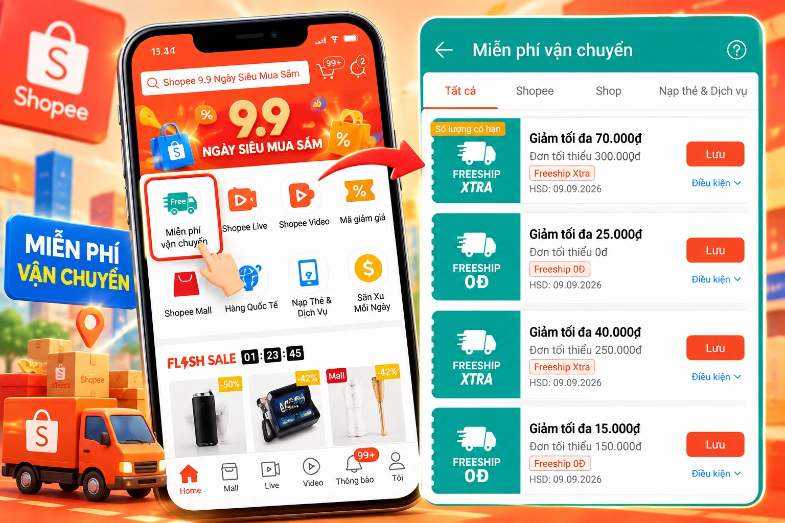Hình minh họa mục Miễn phí vận chuyển Shopee Hình minh họa mục Miễn phí vận chuyển trong ứng dụng Shopee hiển thị các mã freeship và điều kiện áp dụng