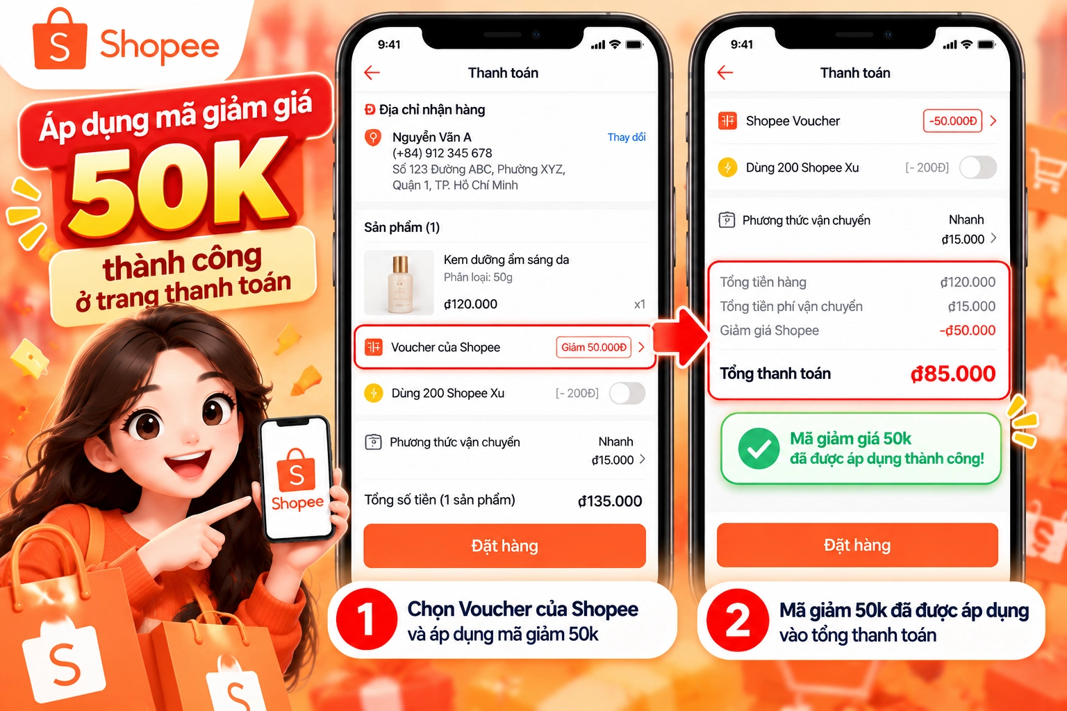 Hình minh họa áp dụng mã giảm giá Shopee 50k thành công Hình minh họa áp dụng mã giảm giá 50k ở trang thanh toán Shopee