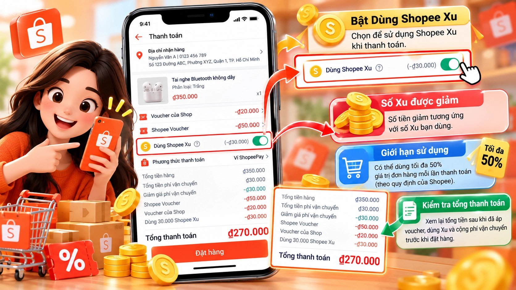 Hình minh họa trang Thanh toán Shopee hiển thị giá sản phẩm Hình minh họa trang Thanh toán Shopee hiển thị giá sản phẩm, voucher đang áp, tùy chọn Dùng Shopee Xu và tổng thanh toán