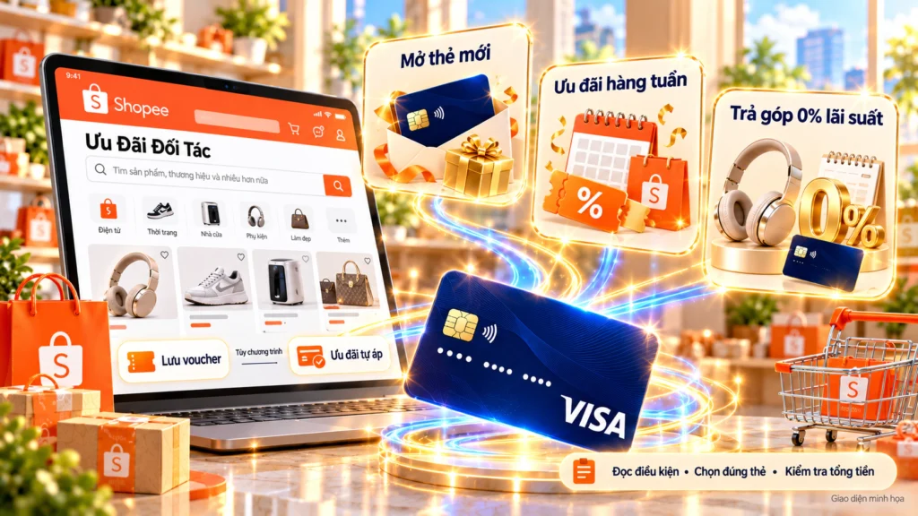 Hình minh họa ưu đãi ngân hàng trên Shopee Hình minh họa ba nhóm ưu đãi ngân hàng: mở thẻ mới, ưu đãi hàng tuần và trả góp 0% lãi suất