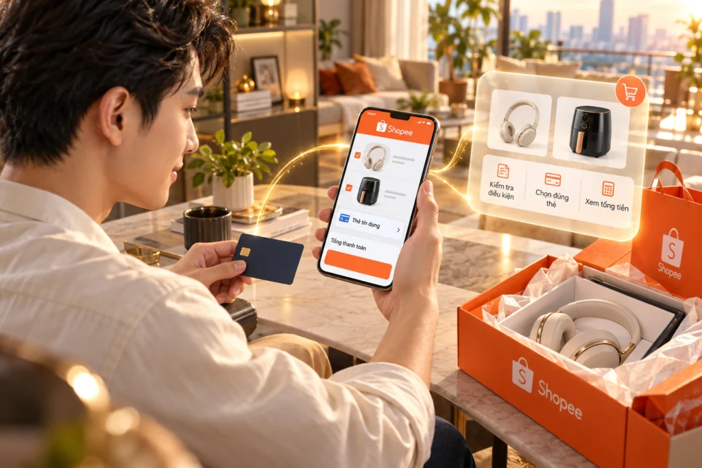 Hình minh họa thanh toán bằng thẻ trên Shopee Hình minh họa người mua cầm thẻ tín dụng bên cạnh màn hình thanh toán trên điện thoại