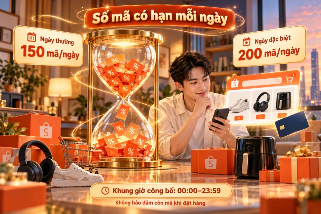 Hình minh họa số mã có hạn mỗi ngày Hình minh họa đồng hồ cát và giỏ hàng nhận thẻ ưu đãi với số lượng có hạn mỗi ngày