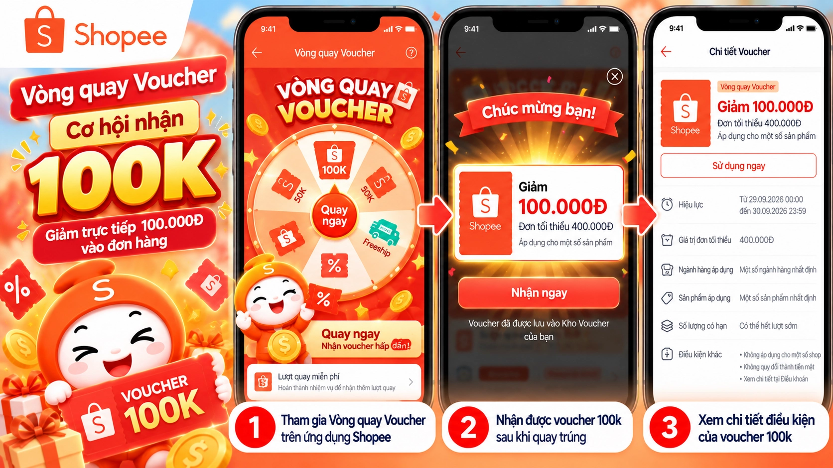 Hình minh họa Voucher Shopee 100k từ Vòng quay Voucher Hình minh họa Voucher 100k Shopee nhận từ trò chơi Vòng quay Voucher