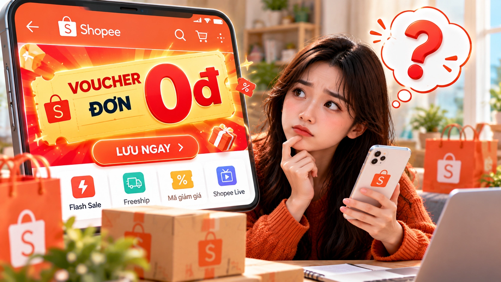 Hình minh họa quảng cáo voucher 0 đồng Hình minh họa quảng cáo voucher 0 đồng và mã giảm cho đơn 0đ trên Shopee khiến người mua băn khoăn