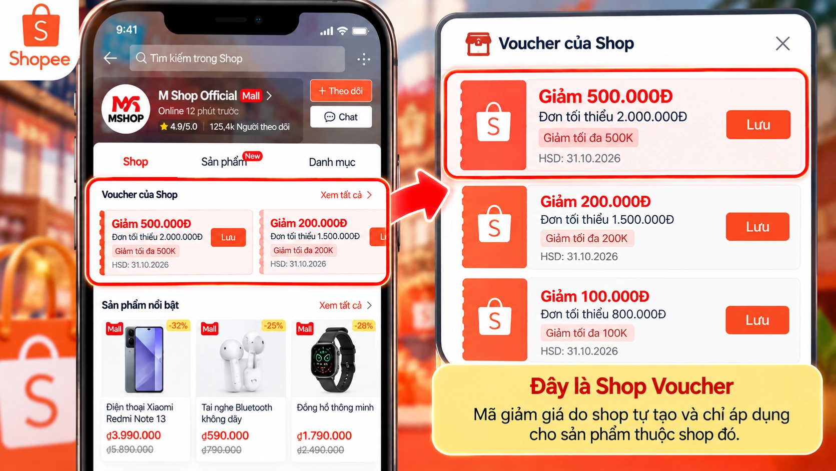 Hình minh họa Voucher giá trị cao từ shop riêng trên Shopee Hình minh họa ví dụ voucher giảm tối đa 500k do shop tự tạo trên Shopee
