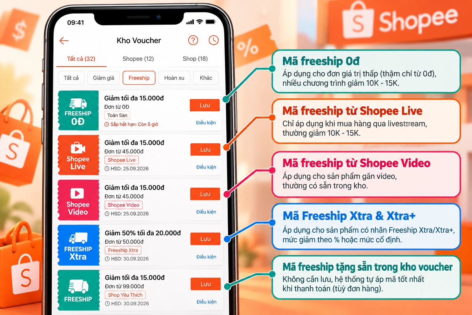 Hình minh họa các mã freeship Shopee Hình minh họa các loại mã voucher freeship Shopee phổ biến