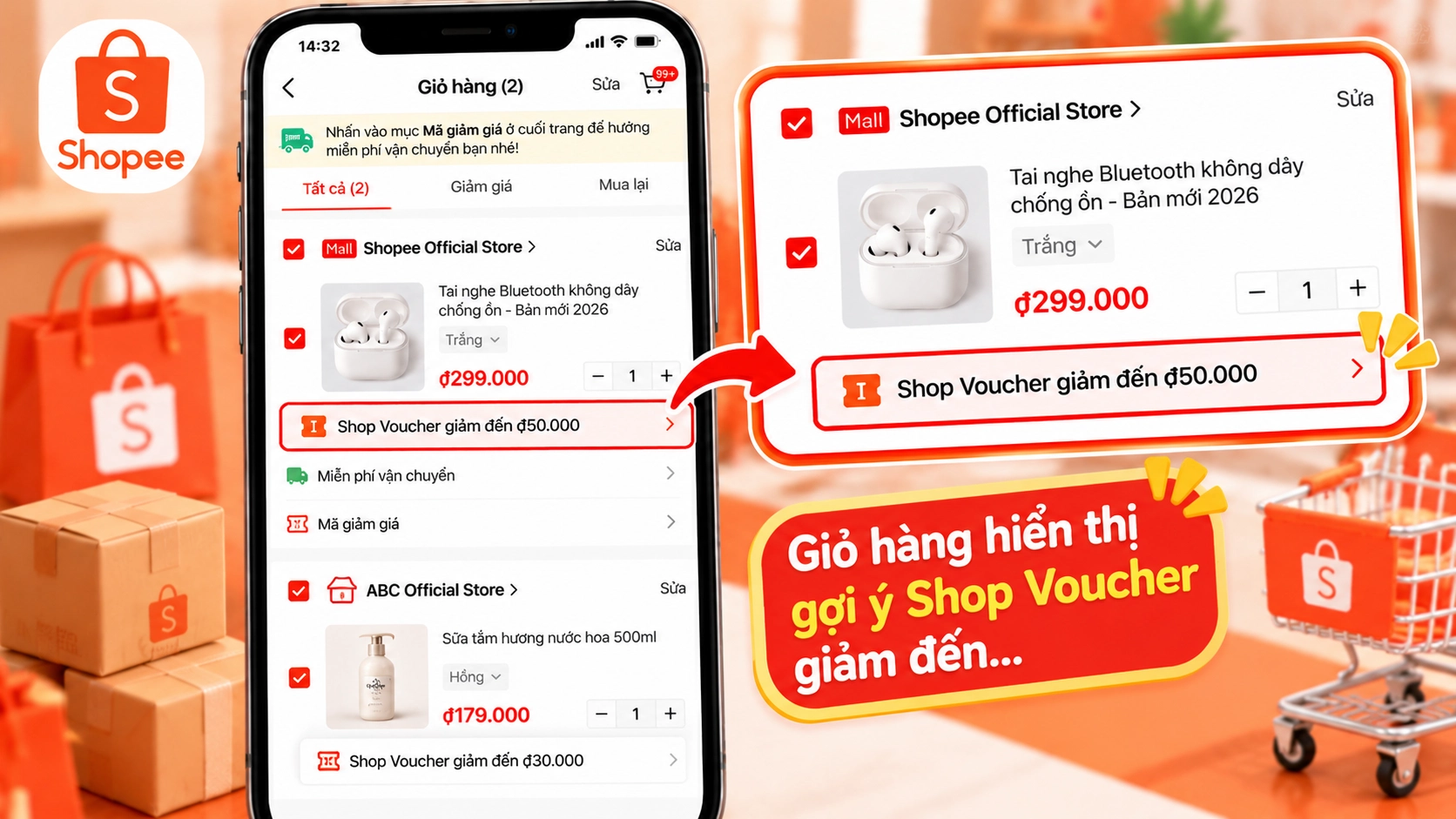 Hình minh họa Voucher gợi ý ở giỏ hàng Hình minh họa Voucher gợi ý tại giỏ hàng Shopee