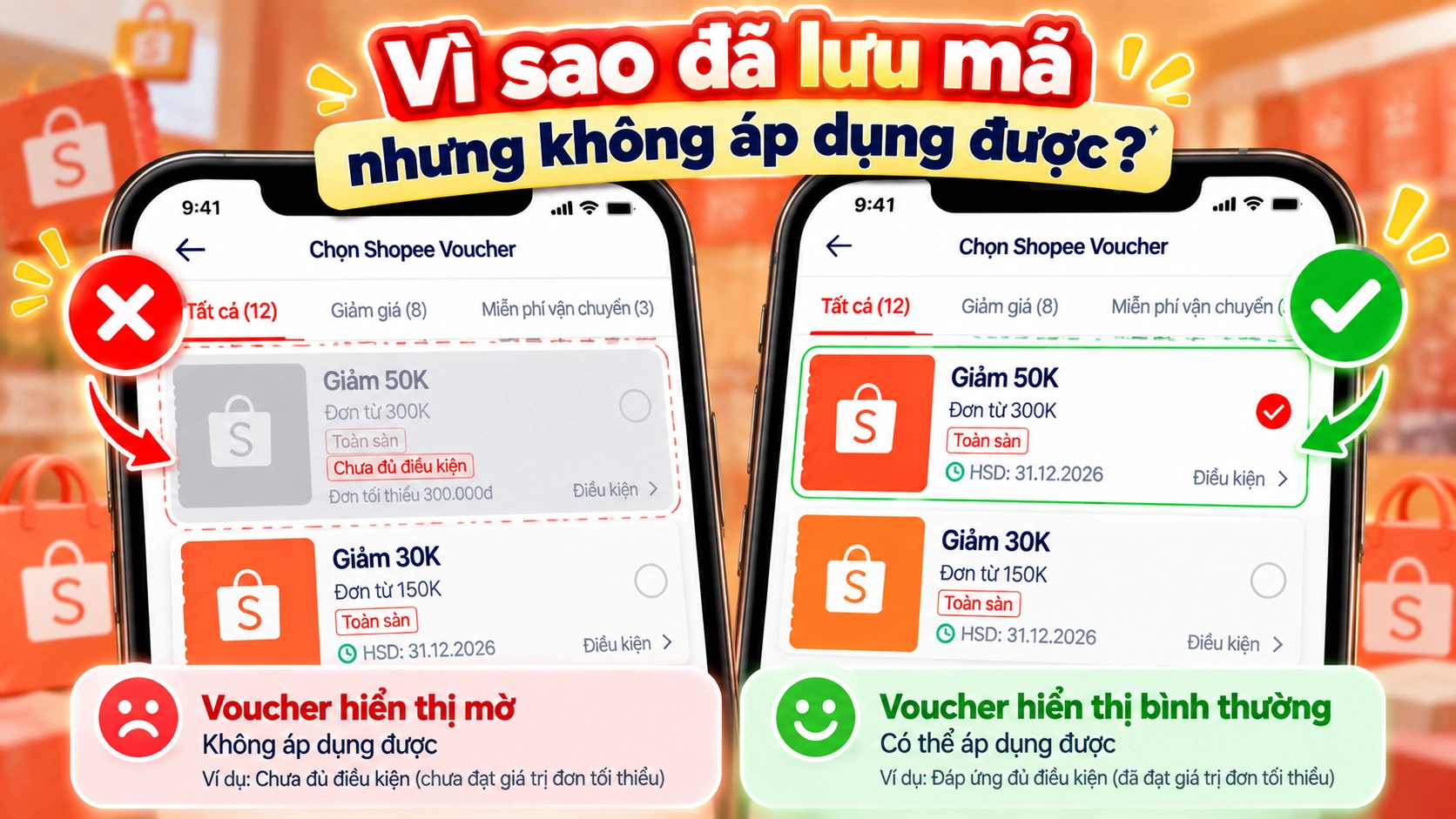 Hình minh họa so sánh voucher dùng được và không dùng được Hình minh họa Voucher Shopee hiển thị mờ do chưa đủ điều kiện