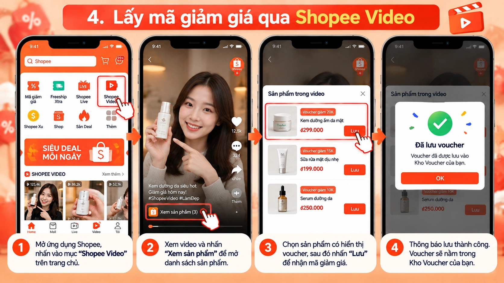 Hình minh họa lưu voucher từ Shopee Video Hình minh họa cách lấy voucher tại Shopee Video