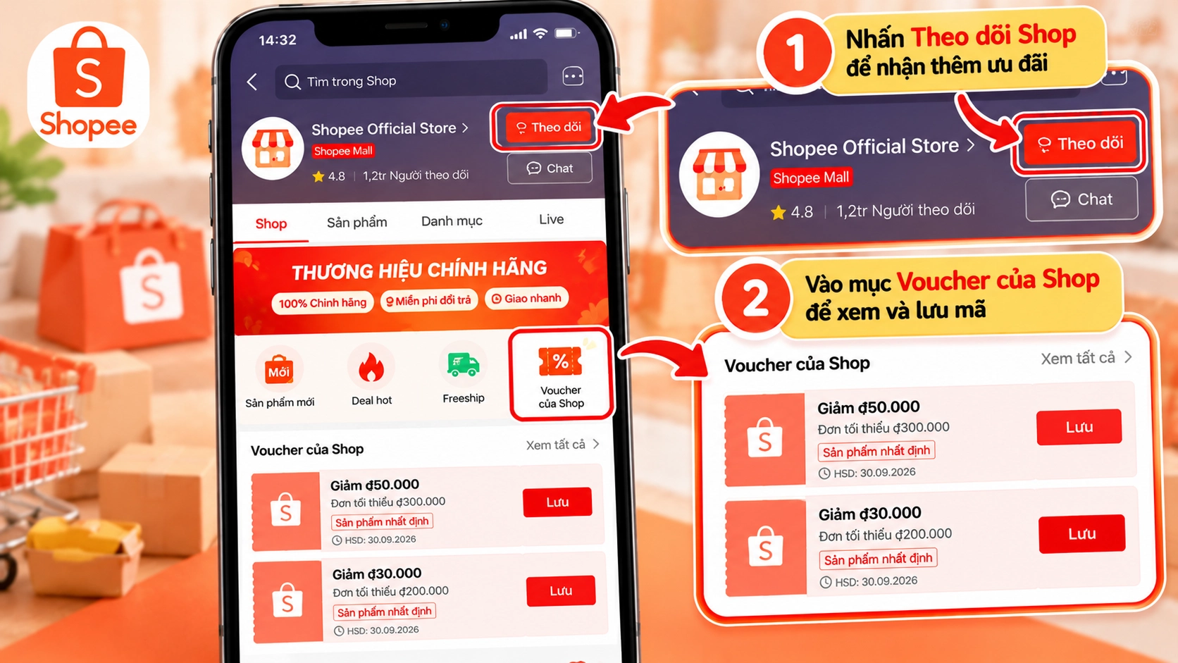 Hình minh họa Voucher Shop ở trang chủ shop Hình minh họa Voucher của Shop tại trang chính của shop Shopee