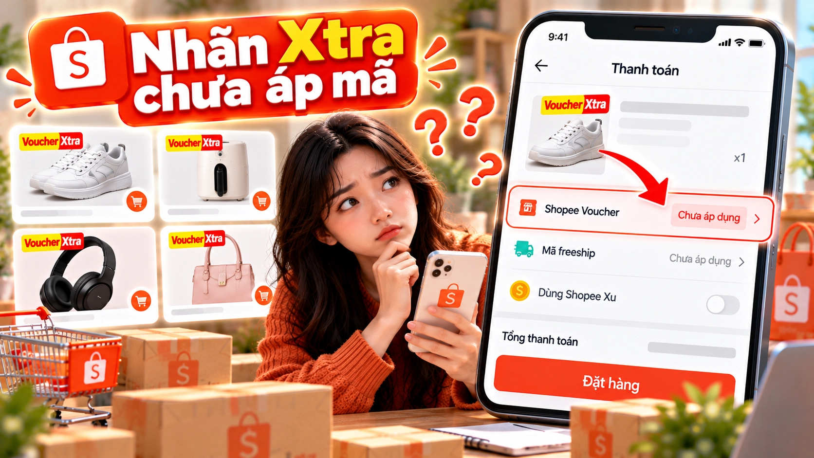 Hình minh họa nhãn Voucher Xtra chưa áp mã Hình minh họa sản phẩm Shopee gắn nhãn Voucher Xtra nhưng mã đã lưu chưa áp dụng được khi thanh toán