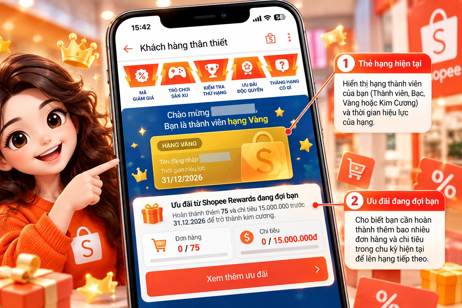 Hình minh họa trang Khách hàng thân thiết trong ứng dụng Shopee hiển thị thẻ hạng và số đơn, chi tiêu còn thiếu để lên hạng
