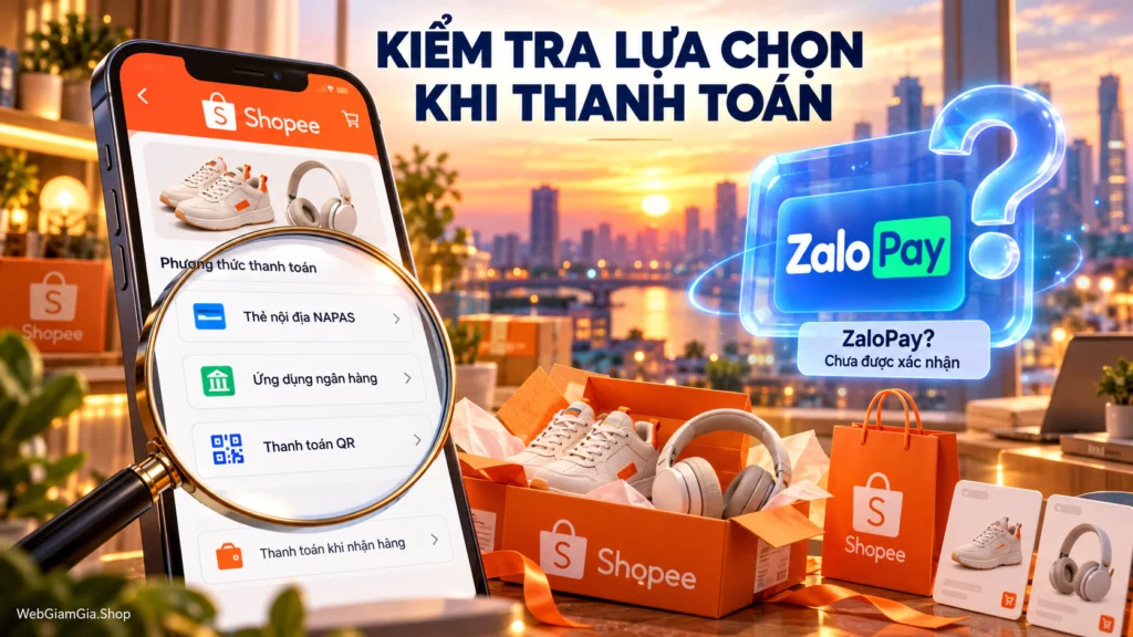 Hình minh họa kính lúp soi danh sách phương thức thanh toán Shopee, bên cạnh thẻ ZaloPay có dấu hỏi